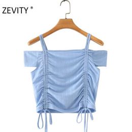 ZEVITY women slash neck pleated bow tied slim short blouse shirt women short sleeve strap blusas chic summer femininas tops T688 210603