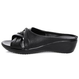 Genuine Leather Open Toe Female Slippers Woman Flip Flops Summer Shoes Slip-On Med Heel Wedges Slides Sandals Women