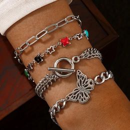 4pcs/sets Trendy Butterfly Chain Bracelets for Women Colourful Dripping Oil Geometric Heavy Metal Jewellery