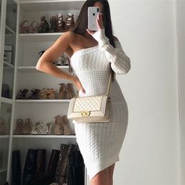 One Shoulder Knitted Sweater Dress Women Autumn Winter Sexy Party Club Casual Elegant Mini Femal 210427