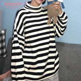 Aelegantmis Turtleneck Black White Striped Sweater Women Oversize Korean Cute Kawaii Loose Boyfriend Pullover Jersey Mujer 210607