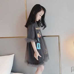 Teenager Girls Cartoon Long T-shirt Dress for Kids Letters Tops Summer Clothing with Gauze Fairy Casual Clothes 210529