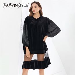 Black Velour Patchwork Dress For Women O Neck Long Sleeve Casual Spring Dresses Female Fashion Clothing 210520