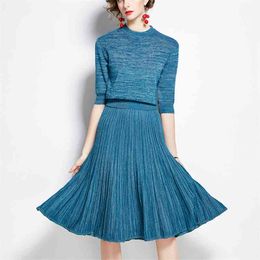 Knitted Two Piece Set Female Bright Silk Pullover Sweater Top + High Waist Pleated Skirt Suit Woman Clothes Autumn 2 Pcs Outfit 210520