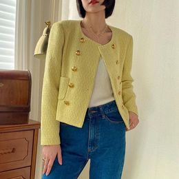 Women's Jackets 2021 Arrival Fall Winter Womens Office Full Sleeve O-Neck Pockets Double Breasted Yellow Short Jacket Tweed Outerwear Coat