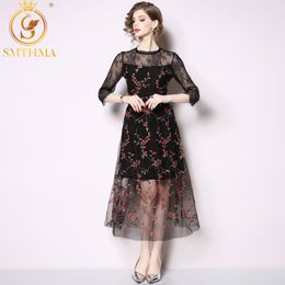 Sexy Mesh Summer Runway Dress Women Embroidered Flower Fashion Ladies Long Dresses Party Vestido Clothes 210520