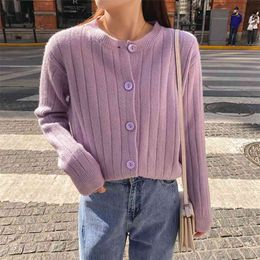 knitted solid cardigans sweater women button up casual autumn purple jumper spring tops 210427