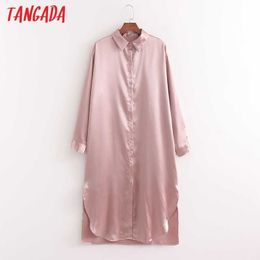 Tangada Fashion Women Solid Satin Shirt Dress Arrival Long Sleeve Ladies Midi Dress Vestidos 1D75 210609