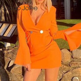 Jocoo Jolee Women Fashion Flare Sleeves V Neck Bodycon Dress Autumn Office Slim Button Wrap Dress Elegant Mini Dress 210619