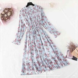 Women Pleated Chiffon Dress Spring Summer Vintage Floral Printe Long Dress Long Sleeve Loose Plus Size Dresses Vestidos 210521