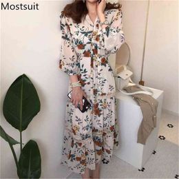 Spring Korean Printed Long Dress Women Full Sleeve V-neck Elastic Waist Lace Patchwork Vintage Fashion Elegant Vestidos 210513