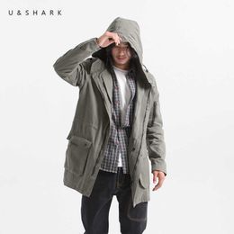 U&SHARK Men Trench Jacket Army Green Hooded Trench Coat Male Cotton Clothing Long Version Windbreaker Jackets Coats Oversize 210603