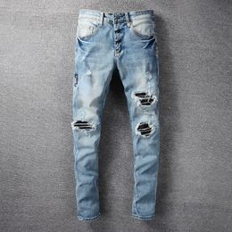 Fashion Desiger Long Slim Ripped Hole Jeans with Letter High Quality Washed Blue Demin Pants Streetwear jeans