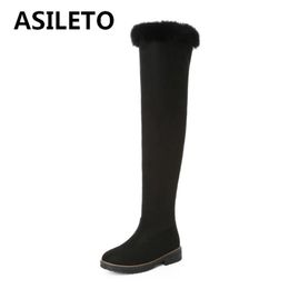 Boots ASILETO Snow Botas De Mujer 2021 Over Knee Woman Round Toe Flat Zip Flock Frosted Big Size 33-43 Solid Winter Plush S2692