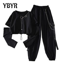 YBYR Women Harajuku Cargo Pants Fashion Casual Two-piece Suit Chain Long Sleeve+Ribbon Men Punk Elastics Waist Trousers 220311