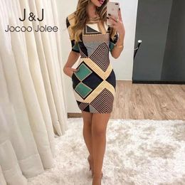 Jocoo Jolee Women Retro Short Sleeve Rount Neck Geometric Pattern Mini Dress Office Bodycon Dress Elegant Bohemian Short Dress 210518