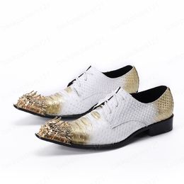 Fashion Gold Pointed Toe Men Dress Shoes Wedding Party Oxford Shoes Lace Up Real Leather Business Derby Shoes