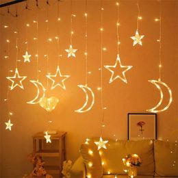 Star Moon Led Curtain Garland String Light Eid Mubarak Ramadan Decoration Islam Muslim Party Decor Al Adha Gift 220226