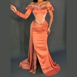 vestidos elegantes para mujer Off Shoulder African Evening Dress Mermaid Satin Orange Beads Pleated Prom Gowns