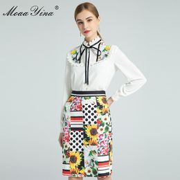 Fashion Designer Set Spring Autumn Women's Long sleeve Blouses Tops+Sunflower lemon Floral-Print Skirt Two-piece set 210524