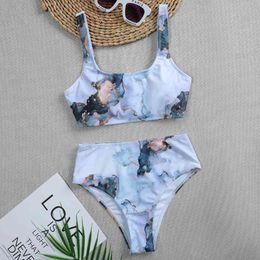 Marble Print Sport Bandeau Push Up Bikinis Sexy Women Swimsuit High Waist Swimwear Bathing Suit Brazilian Summer 210520