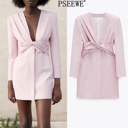 Pink Mini Blazer Dress Women Elegant Knot Type Long Sleeve Black Short Dresses Ladies Office Wear Woman 210519