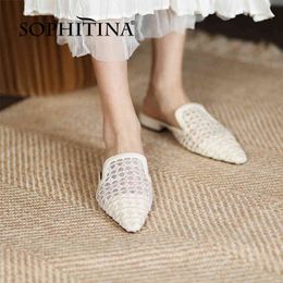 SOPHITINA Genuine Leather Summer Women Sandals Flat Concise Dressing Pointed Toe Stylish Mules Mesh Comfort Shoes FO335 210513