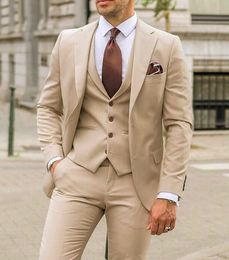 Khaki Groom Wedding Tuxedos 3 Pieces Mens Pants Suits British Soild Color Prom Party Blazer Coat Jacket Vest Pants318q