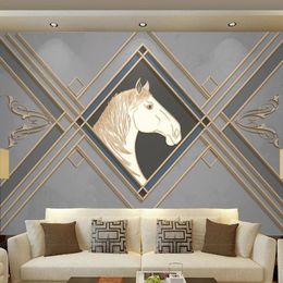 Wallpapers European Style 3D Geometric Pattern Horse Drawing Light Luxury Golden Embossed Sticker Self-Adhesive Waterproof Fresco