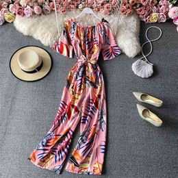 Spring Autumn Retro One-shoulder Off-the-shoulder Printed Jumpsuit with Waist and Thin Floral Wide-leg Pants C144 210507