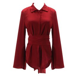 Women White Red Turn Down Collar Long Sleeve Sash Wrap Solid Top Office Lady Work Shirt B0181 210514