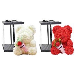 Flower Valentines Day Gift 40cm Red Or White Rose Teddy Bear Eternal Rose Flower Artificial Decoration Christmas Handmade Gift Y1216