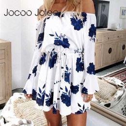 Bohemian Dress Women Causal Summer Off Shoulder Floral Print Mini Dress Long Sleeve Drawstring Loose Chiffon Dress 210619