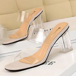 Slippers 2021 Women 7cm High Heels Slides Mules Summer Sandals Transparent Open Toe Clear Block Wedding Bridal Prom Shoes