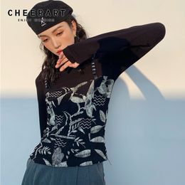 Black Aesthetic Long Sleeve Top Women T Shirt Turtleneck Print Patchwork Tshirt Designer Fashion Tee 210427