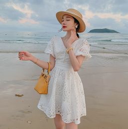 LLZACOOSH Summer Women Puff Sleeve V Neck White Lace Hollow Out Draped Dress Sweet Beach Vacation Mini Dress 210514