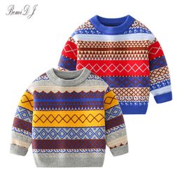 Toddler Boys Plaid Knitted Sweater Tops Baby Cartoon Knitwear Children Embroidery Retro Long sleeve Knit Sweater Winter Clothes Y1024