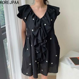 Korejpaa Women Dress Summer Korean Chic Fresh Sweet Age-Reducing Embroidered Floral V-neck Ruffle Stitching Loose Vestidos 210526