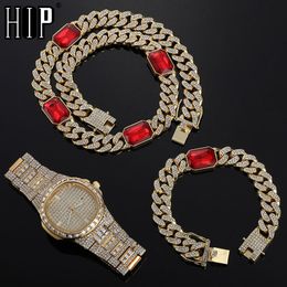 Hip Hop 12MM Blue 3PCS KIT Watch+Square Necklace+Bracelet Bling Crystal AAA+ Iced Out Cuban Rhinestones Chains For Men Jewellery X0509