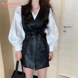 Aelegantmis Faux Leather Vest Women with Belt Pu Oversized Motorcycle Sleeveless Coat Female Loose Korean Casual Waistcoat Chic 210607