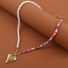Bohemian Multicolor Polymer Clay White Pearl Beaded Asymmetry Necklaces For Women Fashion Gold Colour Big Heart Pendants Necklace