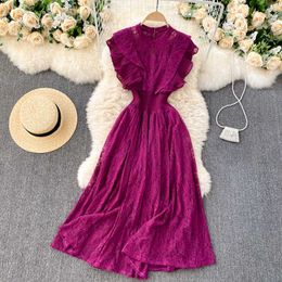 Foamlina Elegant Women Lace Dress Solid O-neck Sleeveless Pleated Ruffles Elastic Waist A-line Midi Party Dress Vestidos Mujer Y0603