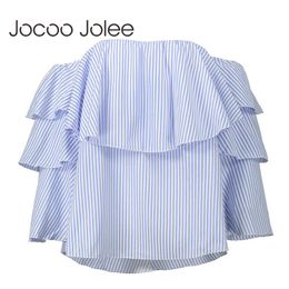 Jocoo Jolee Off Shoulder Ruffles Striped Blouse Shirt Loose Slash Neck Backless Blouse Club Beach Tops Street Wearings 210619