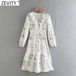 Zevity Women Sweet Cascading Ruffles Floral Print Side Zipper A Line Dress Female Chic Long Sleeve Pleats Kimono Vestido DS8156 210603