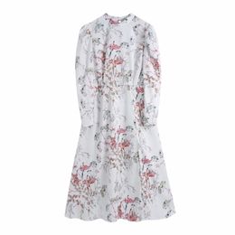 Summer Women Flower Bird Printing Side Slit Midi Dress Female Long Sleeve Clothes Casual Lady Loose Vestido D7569 210430