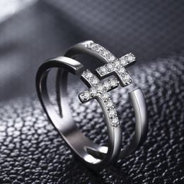 Double Layer Diamond Jesus Cross Ring Band Finger Open Adjustable Hollow Stacking Rings Women Couple Fashion Jewelry Gift Will and Sandy
