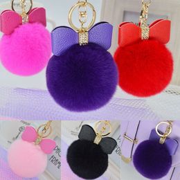 Pompom Women Trinkets Leather Bow c Charm Pompon Keyring Fluffy Faux Fur Ball Key Chains For Car Bag 2021