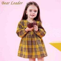 Girls Dress Spring Brand Clothes Preppy Style Red and Yellow Plaid Bow Baby For 3-8 Years 210429
