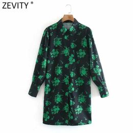 Zevity Women Fashion Green Flower Print Casual Slim Mini Shirt Dress Office Lady Long Sleeve Chic Business A Line Vestido DS4753 210603
