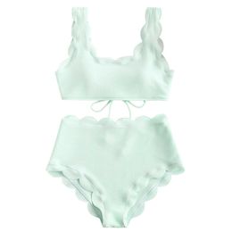 Women Scalloped Textured High Waisted Bikini Set Solid Two Pieces Beach Bathing Suits Swimwear Lace Biquinis Bathing Suits L0612 Y0820